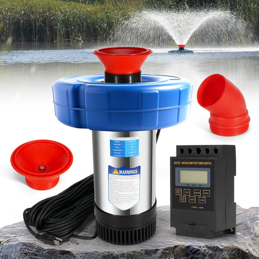 Pond Fountain Aerator, 1HP 110V 750W Floating Water Pump Fit for Large Small Outdoor Ponds Lakes w/ 100 FT Power Cord Timer 15000 GPH - Replace 30 ft Diameter Aerating Outdoor Ponds