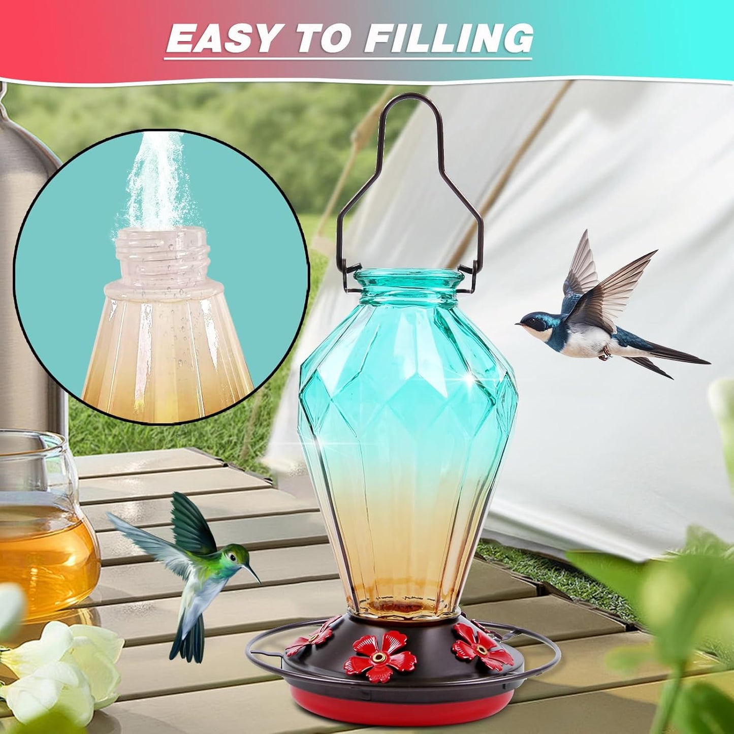 Glass Hummingbird Feeder for Outdoors Hanging, 25Oz Humming Bird Nectar Feeder, Perch, 5 Flower Feeding Ports, Leak Proof Base, Hook for Outside Garden Backyard, Gift for Women, Diamond Green