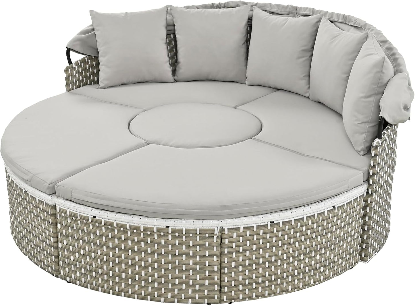 Merax Patio Furniture Round Outdoor Sectional Sofa Set, Rattan Daybed Two-Tone Weave Sunbed with Retractable Canopy, Separate Seating and Removable Cushion, Grey