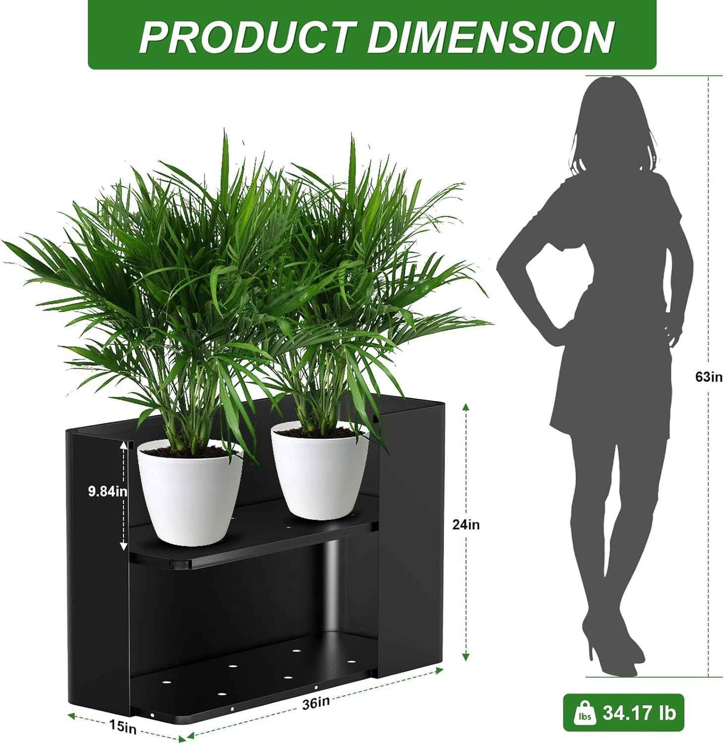 Metal Tall Rectangular Planter Box 36" L x 15" W x 24" H,Large Tall Black Planters for Outdoor Plants with Removable Insert Shelf for Porch, Garden, Patio, Yard