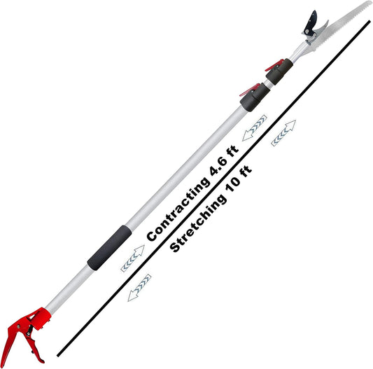 4.6-10 Foot Extendable Tree Pruner, Cut and Hold Pruning Trimmer, Long Reach Pole Saw, Telescoping Fruit Picker, Branches Bypass Lopper