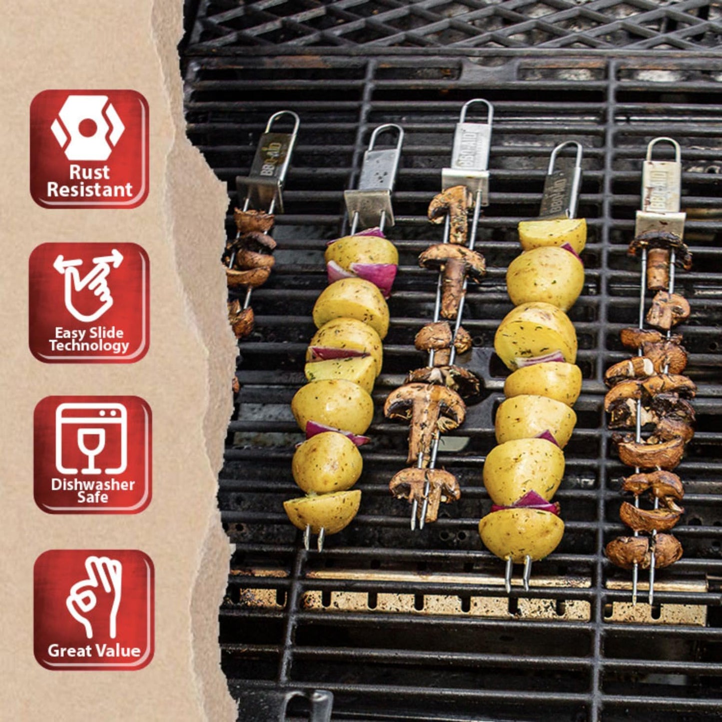 BBQ-AID Premium Barbecue Metal Skewers for Kabobs with Quick Release - Double Pronged, Stainless Steel Metal Skewer for Grilling - Shish Kabob Sticks, Veggies & More
