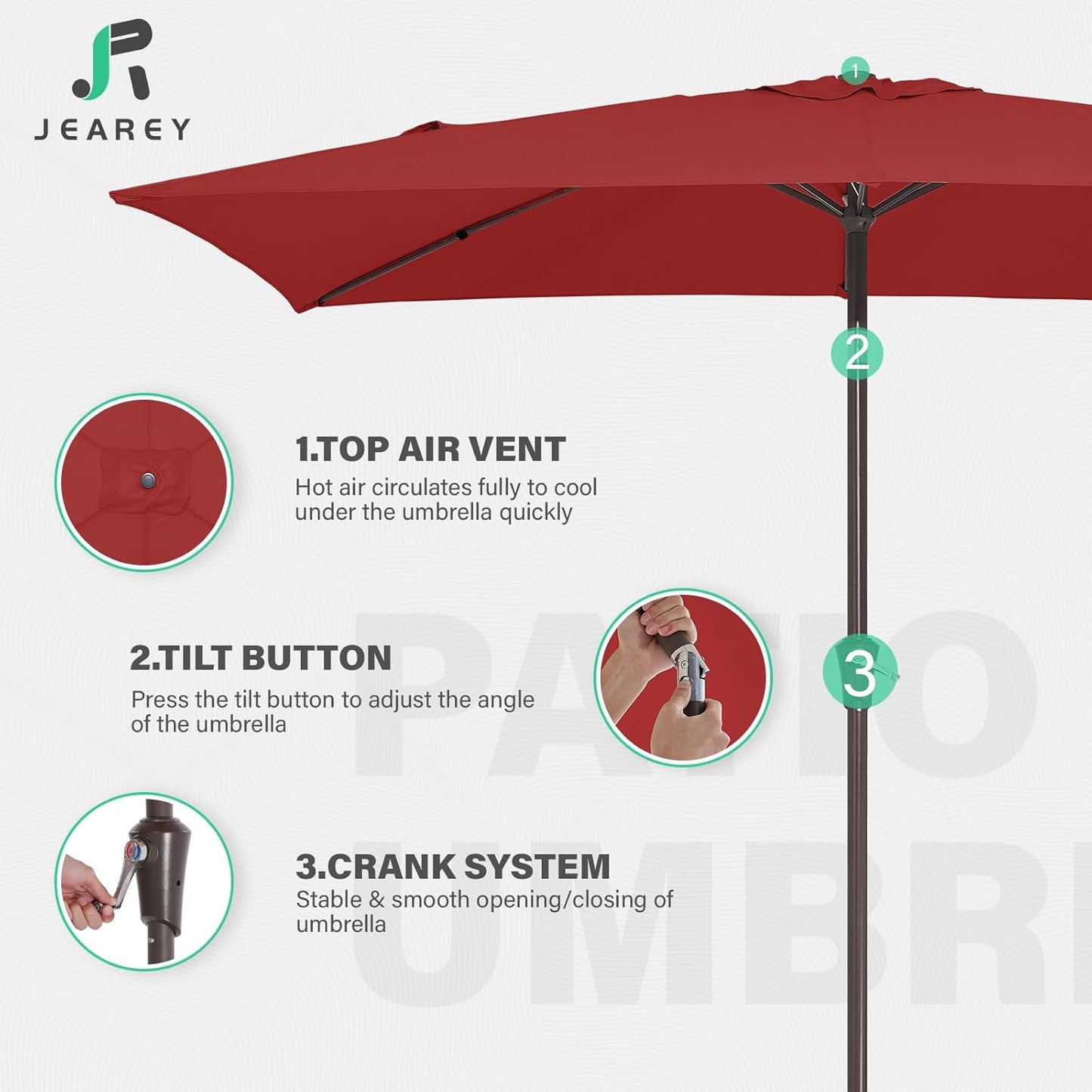 JEAREY 6.5x10 ft Rectangular Patio Umbrellas Outdoor Market Umbrella with Push Button Tilt and Crank, Rectangle Table Umbrella 6 Sturdy Ribs UV Protection for Pool Garden Backyard Deck, Red