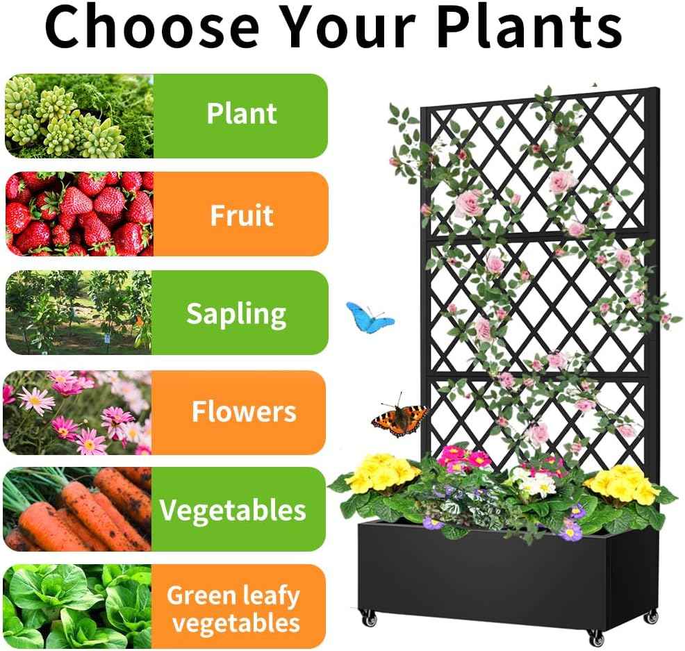 Metal Planter Box with Privacy Screen Trellis,Galvanized Raised Garden Bed On Wheels for Climbing Plants Vines, Standing Garden Flower Bed with Drainage Holes (Black, 35" L x16 W x 73" H)