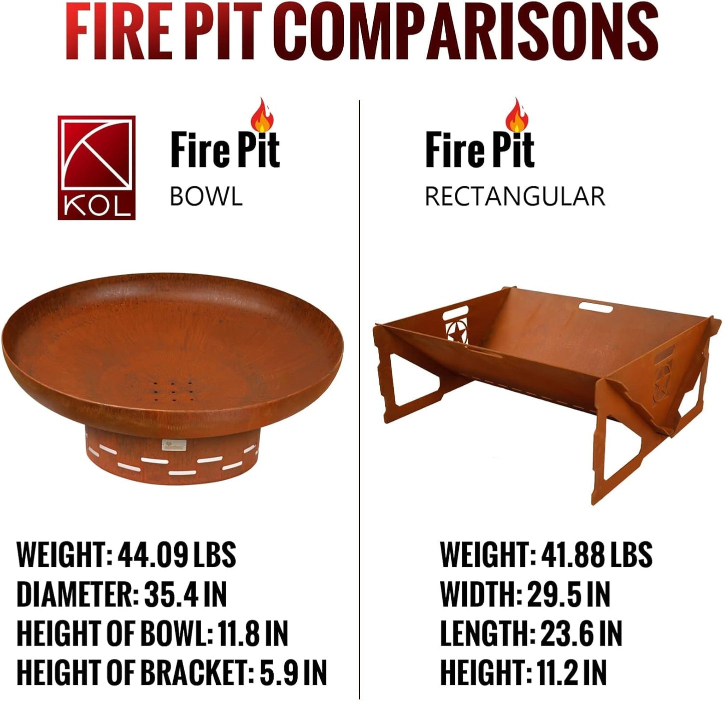 KOL 35" Dia. Heavy-Duty Fire Pit - Pre-Rusted Corten Steel Round Firepit Large Fire Bowl with Stand - Weathering Steel Wood Burning Fireplaces for Outside Backyard Deck Party Bonfire