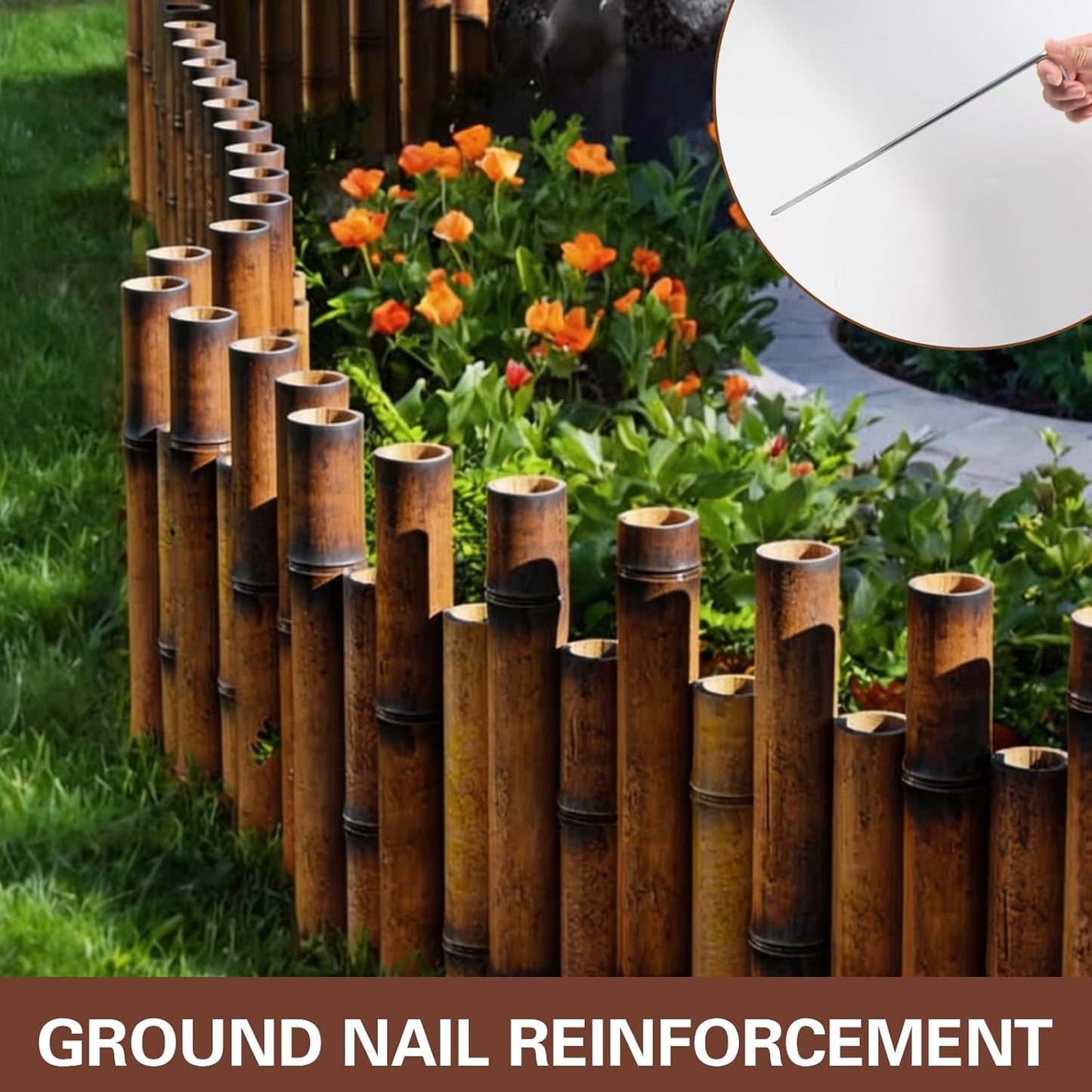 Bamboo Short Fence with Ground Spikes, Outdoor Landscape Edging Flexible Decorative Border, Garden Lawn Edging Low Fence, for Yards Gardens Patios Lawns, 39.37'' L x 5.9''/7.87'' H (Brown)