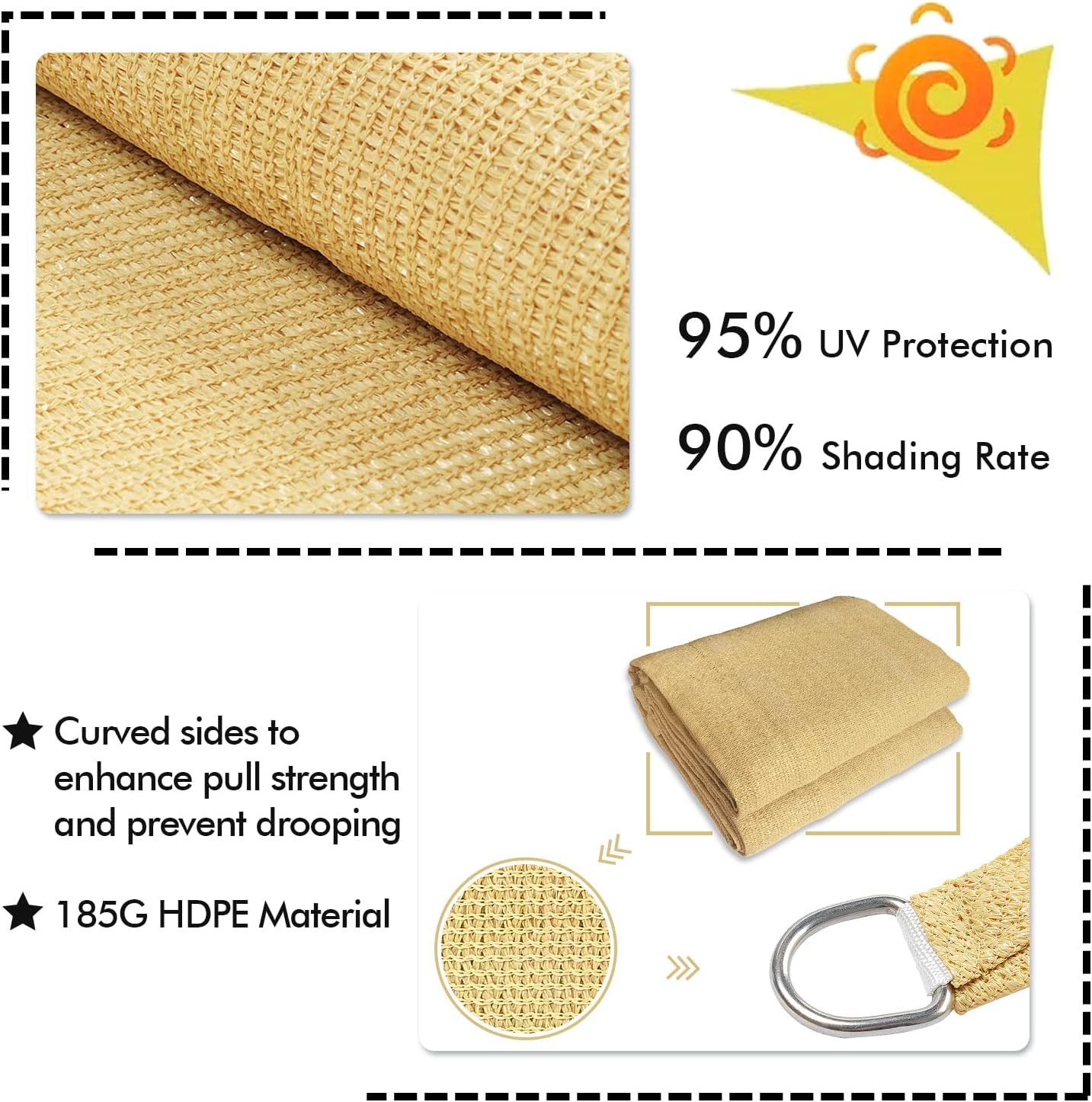 KANAGAWA 14'X15' Sand Custom Size Sun Shade Sail Rectangle UV Block Canopy Cover for Patio Backyard Lawn Garden Outdoor (Customized Available)
