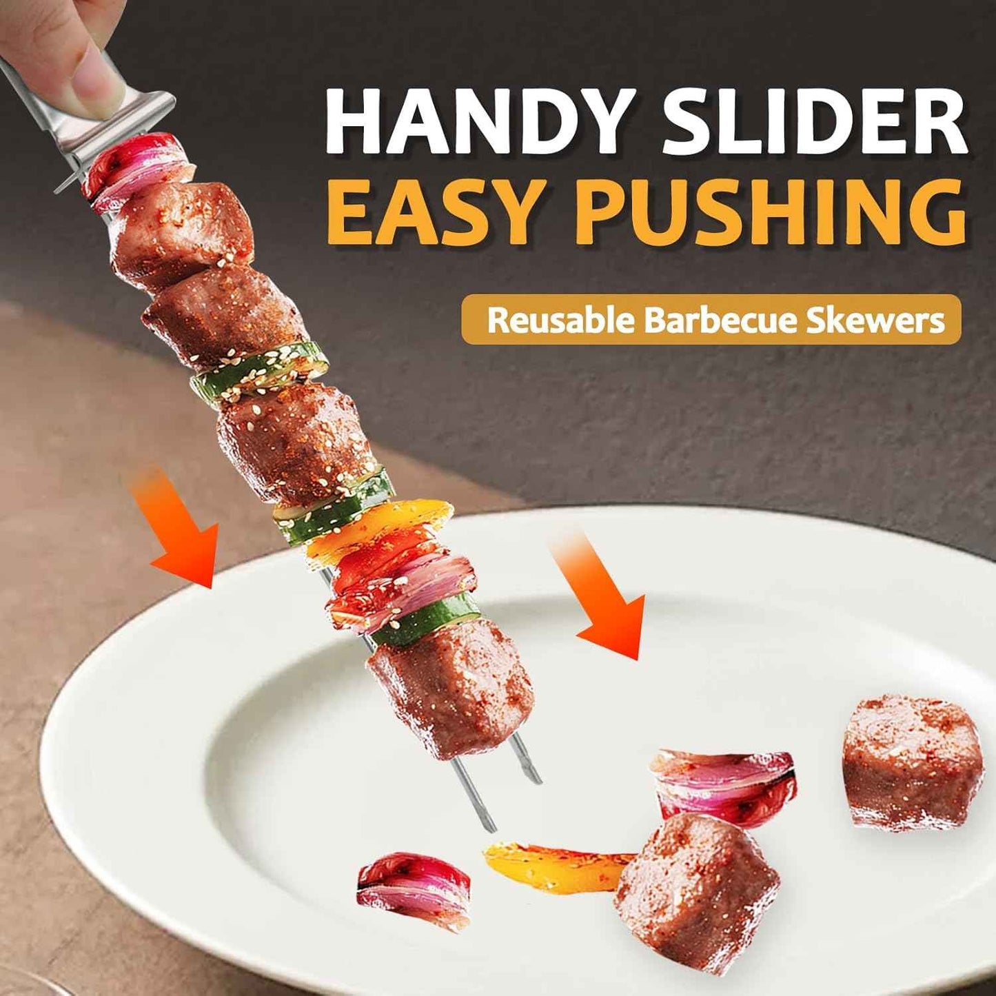 6pcs Stainless Steel Kabob Skewers - 12.6" Double Pronged Reusable BBQ Skewer with Push Bar for Easy Grilling & Quick Release