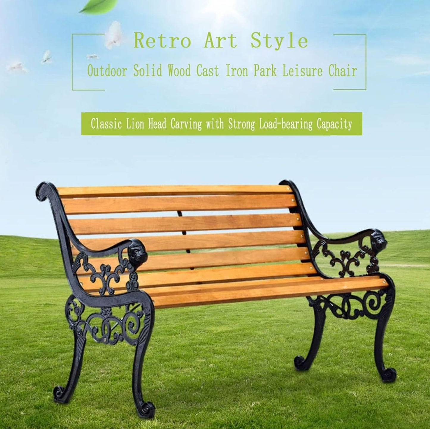 Outdoor Park Garden Bench with Cover, 2-3 Person Wood Patio Bench with Backrest+Armrests Weatherproof, Patio Porch Furniture Cast Iron Frame Bench for Lawn Porch Backyard(Teak+Antique Bronze)