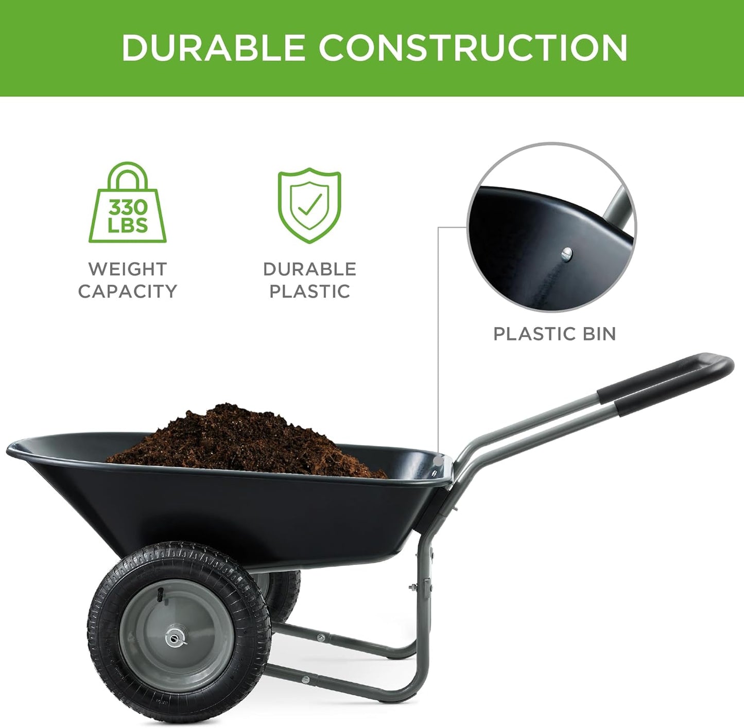 Best Choice Products Dual-Wheel Home Utility Yard Wheelbarrow Garden Cart w/Built-in Stand for Lawn, Gardening, Construction - Black