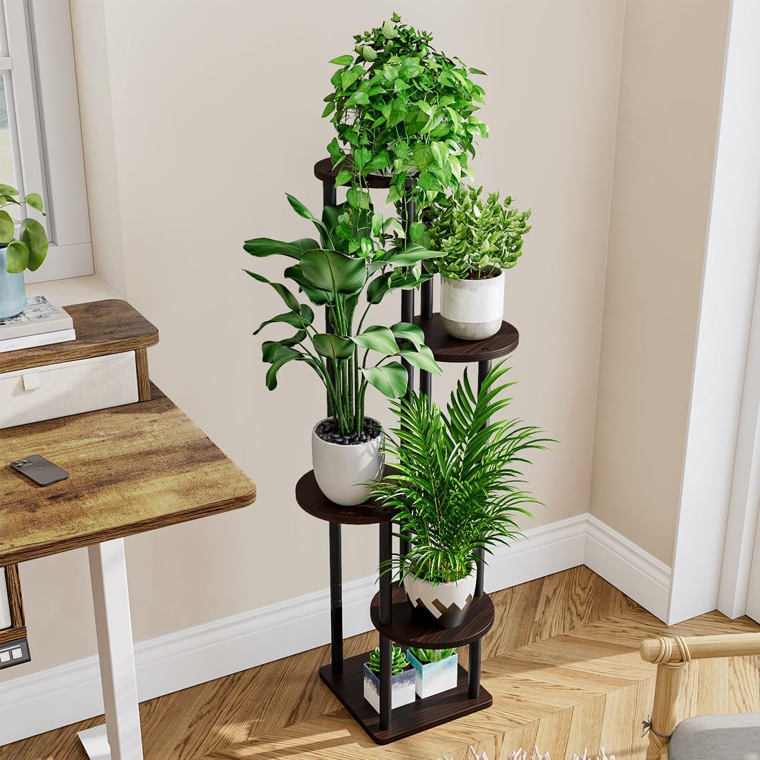 AZERPIAN Plant Stand Indoor 5 Tier Metal Plant Shelf for Multiple Plants Corner Tall Flower Holders for Living Room Balcony Bedroom Patio Garden (Black Oak, 5 Tier)