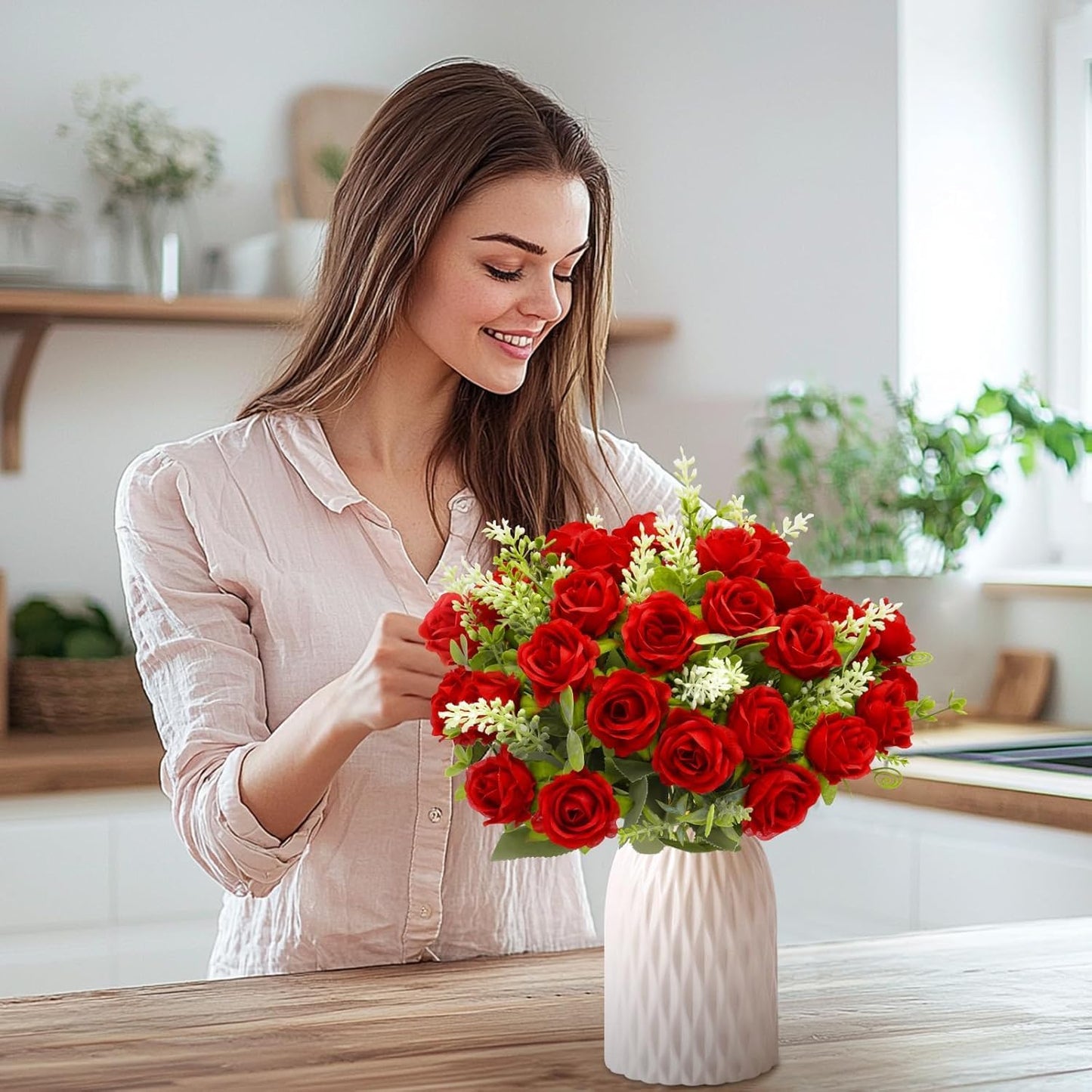 TURNMEON 40 Heads Fake Roses Artificial Flowers for Outdoors Summer Decor, 4 Bouquets UV Resistant Fake Flower Bouquet Faux Silk Roses for Wedding Birthday Party Home Indoor Cemetery Decor(Red)