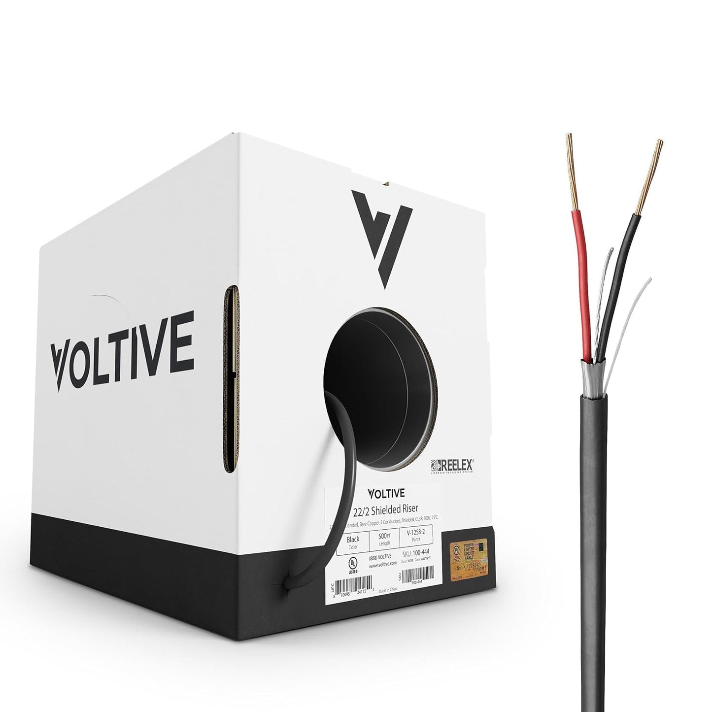 Voltive 22/2 Shielded Riser - CL3R Rated - Bare Copper - 500 Foot Box - Black