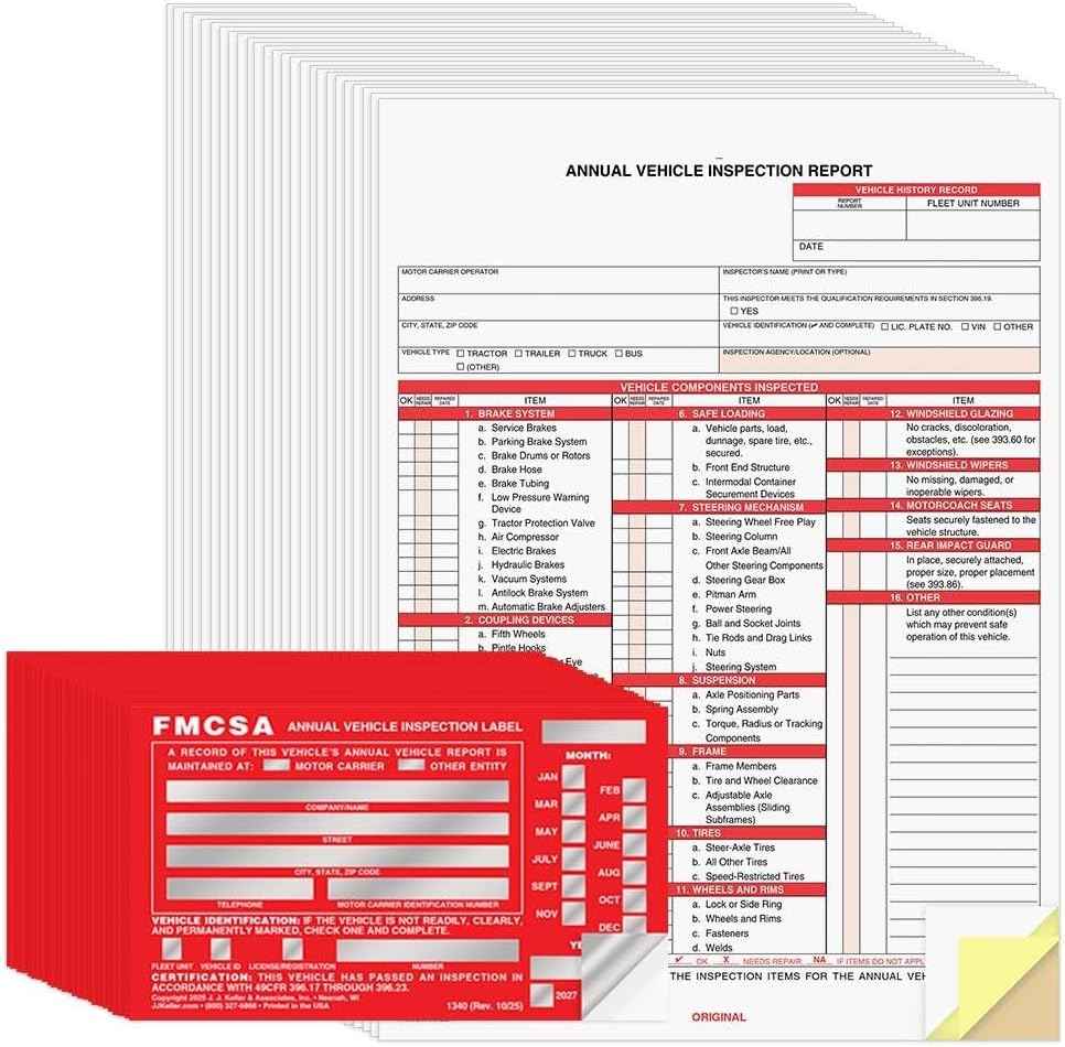 J. J. Keller 25-Pack, Annual Vehicle Inspection Report Form & Red FMCSA Label Aluminum, 3-Ply Carbonless Form, DOT Compliant