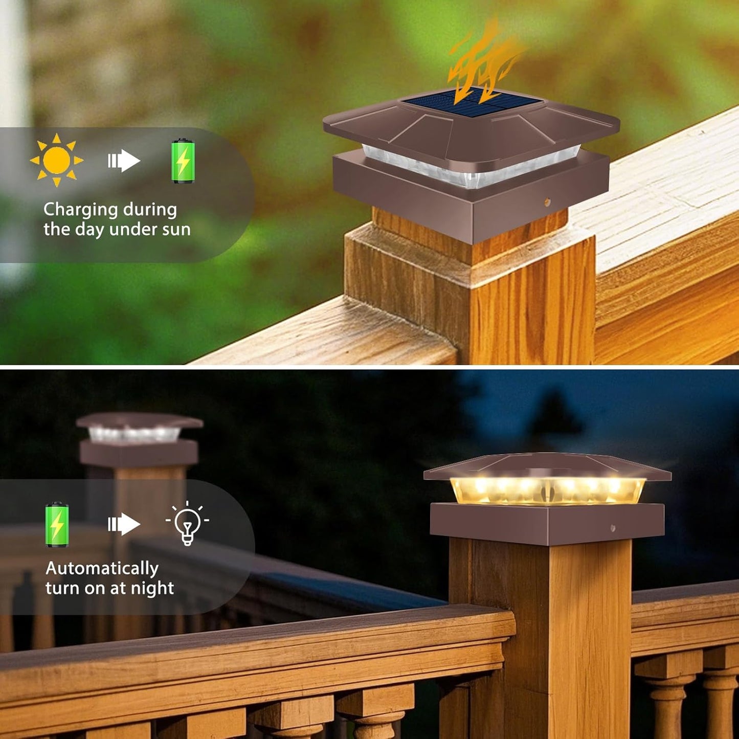 Peasur 4x4 Solar Post Cap Lights Outdoor with 3 Modes, 8 Packs Brown Fence Light Solar Powered Waterproof, Wood/Vinyl Posts Caps Lights for Deck Yard Garden Patio Porch Railing Outside