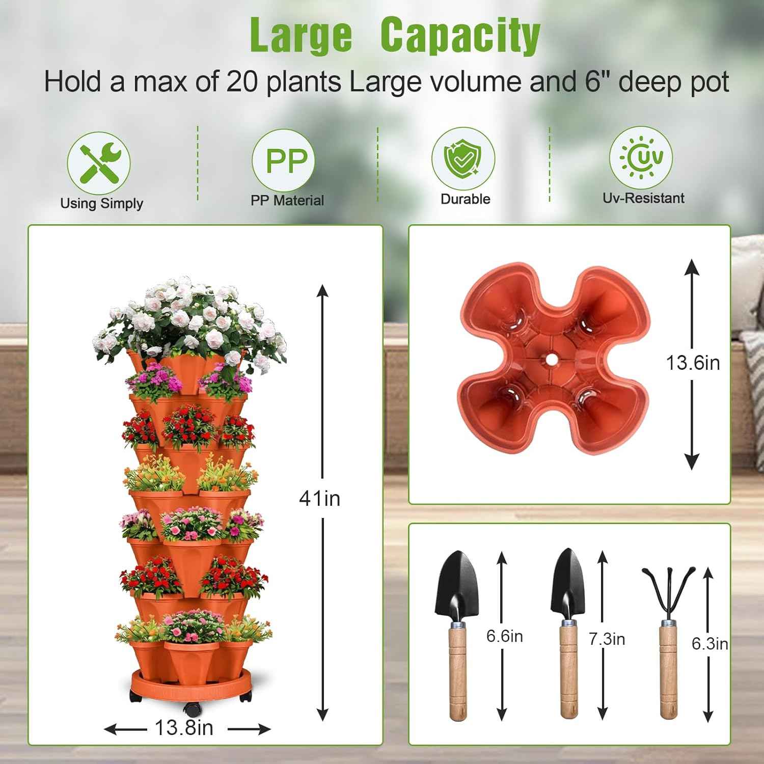 Vertical Strawberry Planter 7 Tier Stackable Tower Herb Planters Stacking Outdoor Garden Red Planters Pot with Tools Mover for Growing Flowers, Vegetables and Succulents
