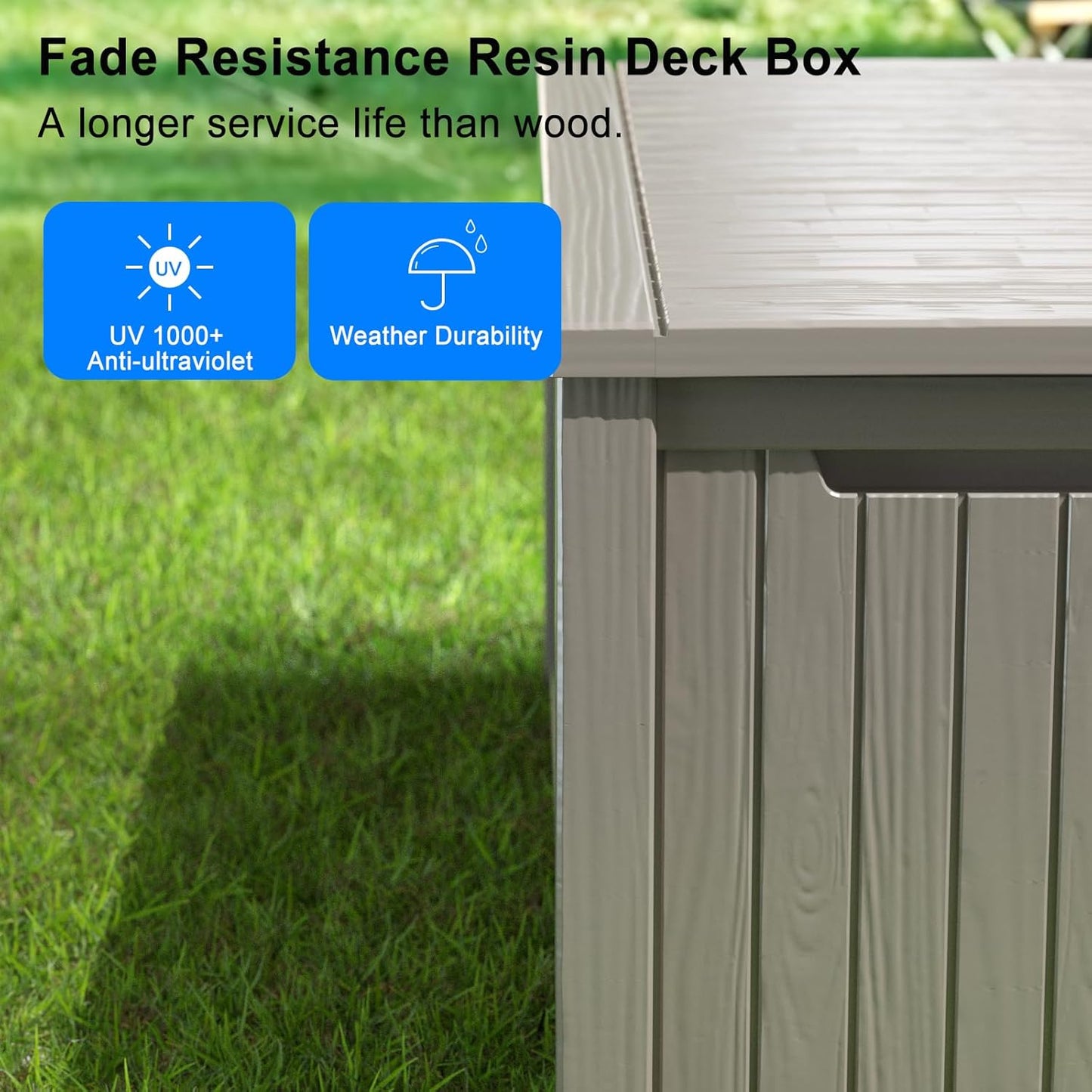 150 Gallon Deck Box,Resin Outdoor Storage Box with Lockable for Patio Furniture, Pool Accessories, Garden Tools Waterproof Outside Storage Box, Grey