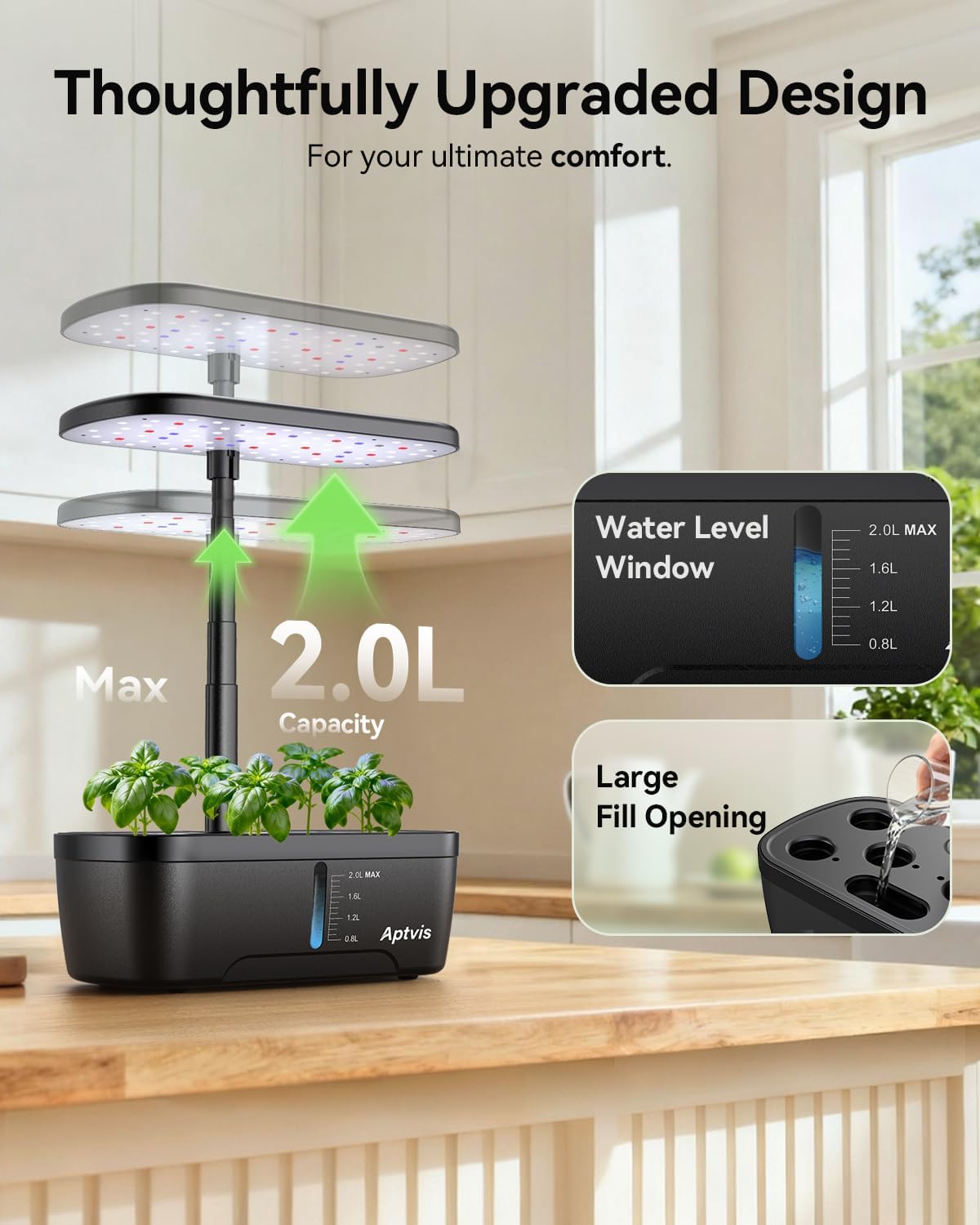 Hydroponics Growing System, 6 Pods Smart Indoor Herb Garden with LED Grow Light, Auto Timer, Height Adjustable, Quiet Pump, Gardening Gifts for Mom Women - Black