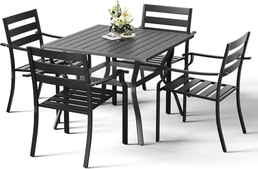 HOMREST 5 Piece Outdoor Patio Dining Set for 4, 37" Square Metal Table with Umbrella Hole and Storage Shelf, Stackable Wrought Iron Chairs, Patio Furniture Set for Deck/Backyard/Poolside/Garden