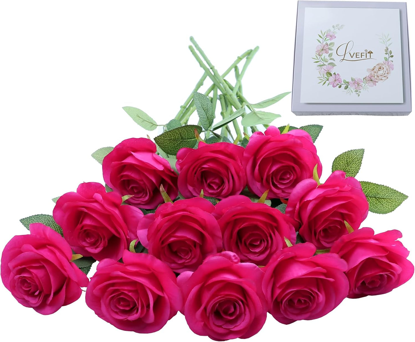 LVEFIT Artificial Rose Flower Artificial Flowers Flower with Long Stem Silk Roses Bouquet for Wedding Bridal Shower Party Home Decoration (Hot Pink, 12 Pcs)