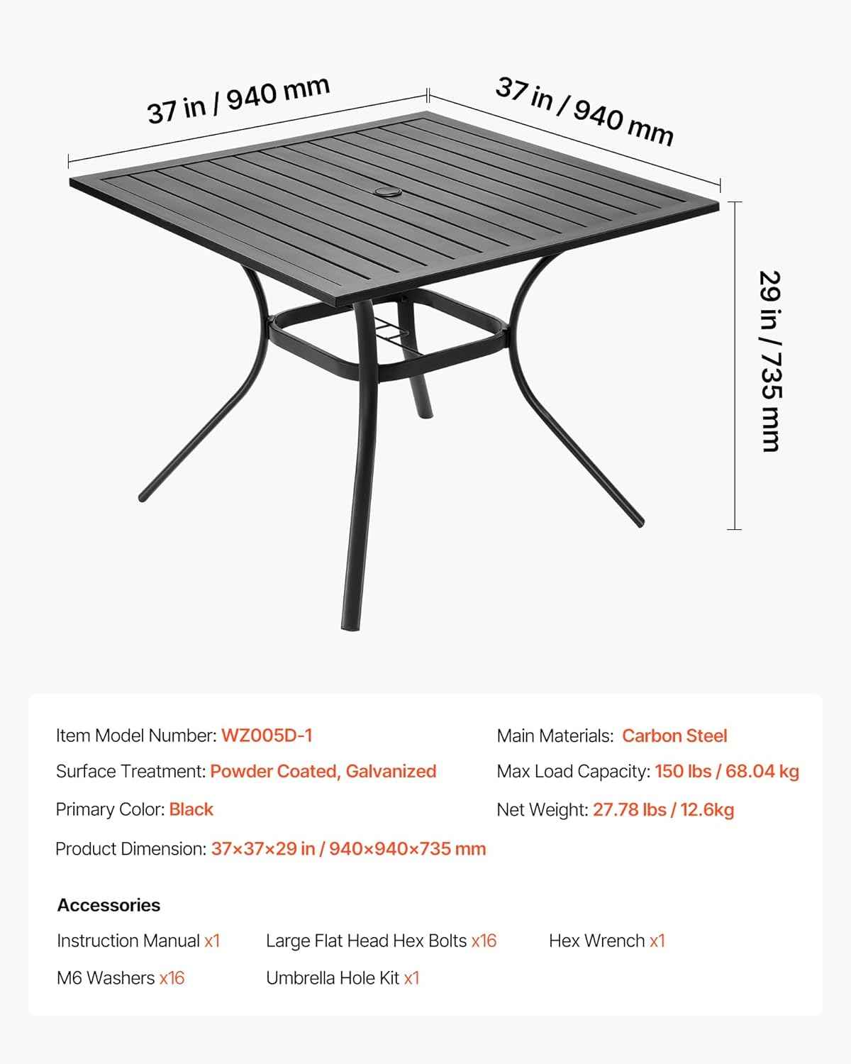 VEVOR Outdoor Patio Dining Table, 37 inch Square Metal Steel Slat Backyard Bistro Tables, with 1.5 in Umbrella Hole, Outside All-Weather Large Furniture for Lawn Garden Porch, Black