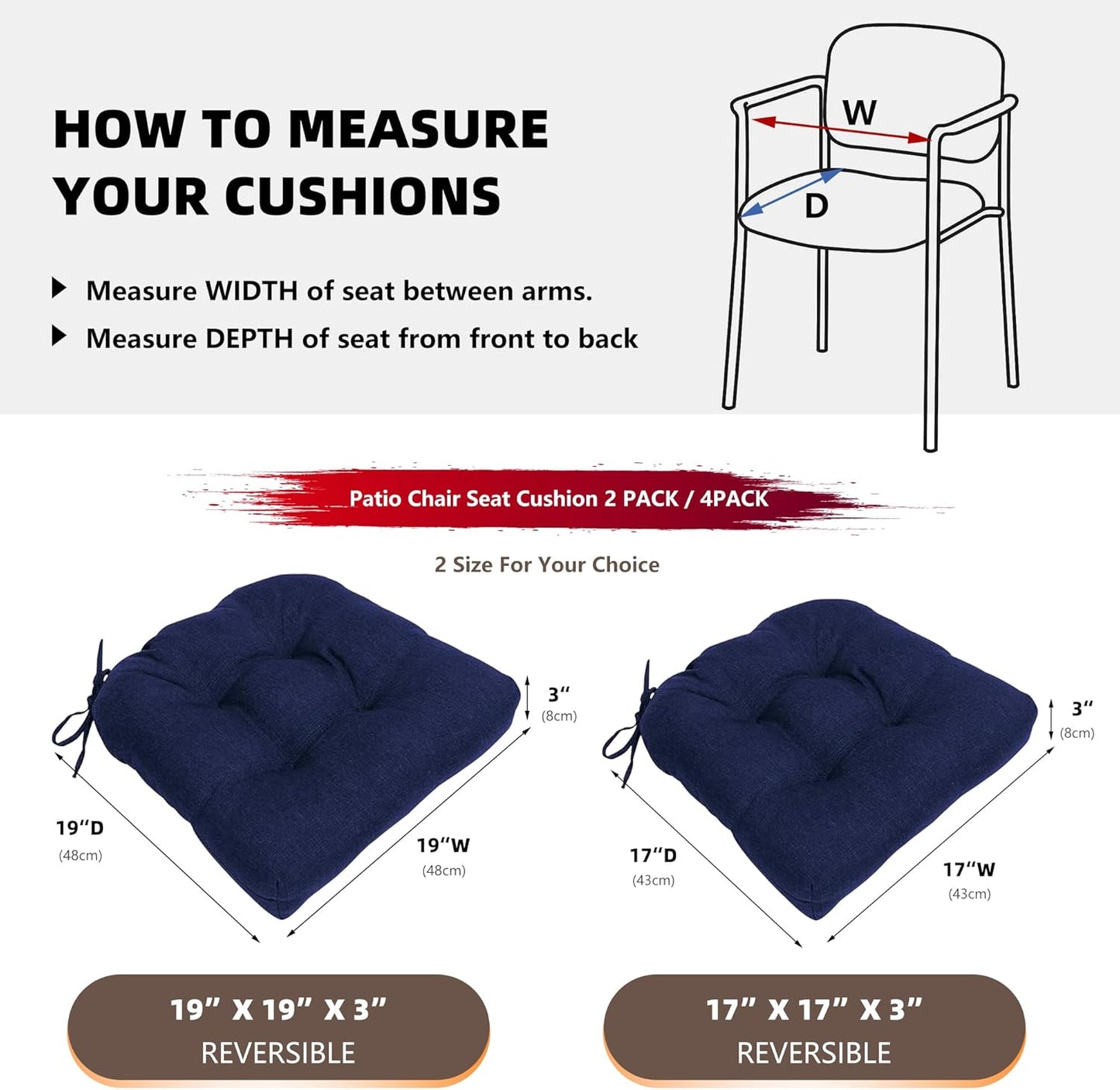 RACE LEAF Outdoor Seat Cushions Set of 2, 17" x 17" Square Patio Cushions, Plump Filling Tufted Water-Resistant Olefin Chair Seat Cushion with Ties for Non-Slip Support, Navy