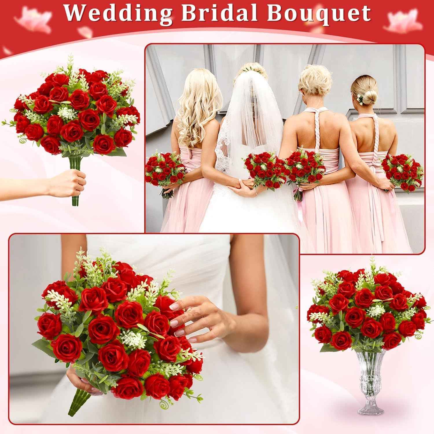 TURNMEON 40 Heads Fake Roses Artificial Flowers for Outdoors Summer Decor, 4 Bouquets UV Resistant Fake Flower Bouquet Faux Silk Roses for Wedding Birthday Party Home Indoor Cemetery Decor(Red)
