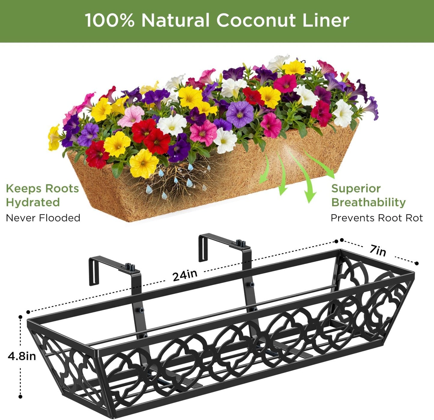 Y&M Railing Planter Boxes 24 Inch 2 Pack, Hanging Balcony Planter, Adjustable Deck Railing Planter Box, Metal Window Boxes Outdoor for Fence, Porch Flower Pots Holder