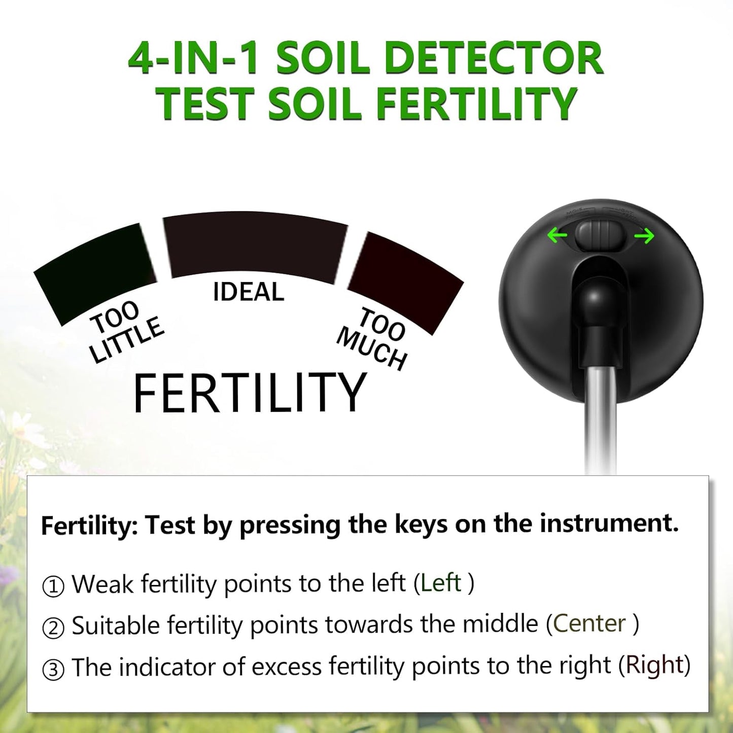 4-in-1 Soil Tester, Battery Free Plant Moisture Meter with PH/Moisture/Light Test/Fertilizer, Soil PH Meter for Garden, Lawn, Potted Plants, Farm (90° Rotation)