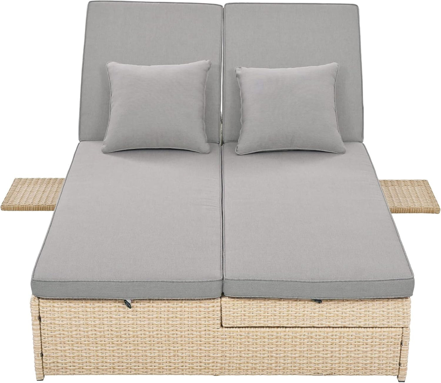 Outdoor Rattan Daybed Patio Wicker Double Sunbed with Adjustable Backrest and Cup Tray, All Weather Patio Reclining Chairs Conversations Set with Thick Cushions and Pillows for 2 Person (Brown-D)