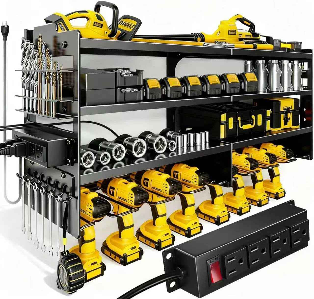 Heavy Duty Power Tool Organizer Wall Mount with Charging Station, 4 Layer Tool Storage Rack with 8 Drill Holder & Power Strip for Garage Workshop