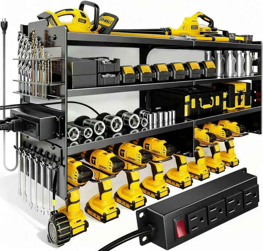 Heavy Duty Power Tool Organizer Wall Mount with Charging Station, 4 Layer Tool Storage Rack with 8 Drill Holder & Power Strip for Garage Workshop