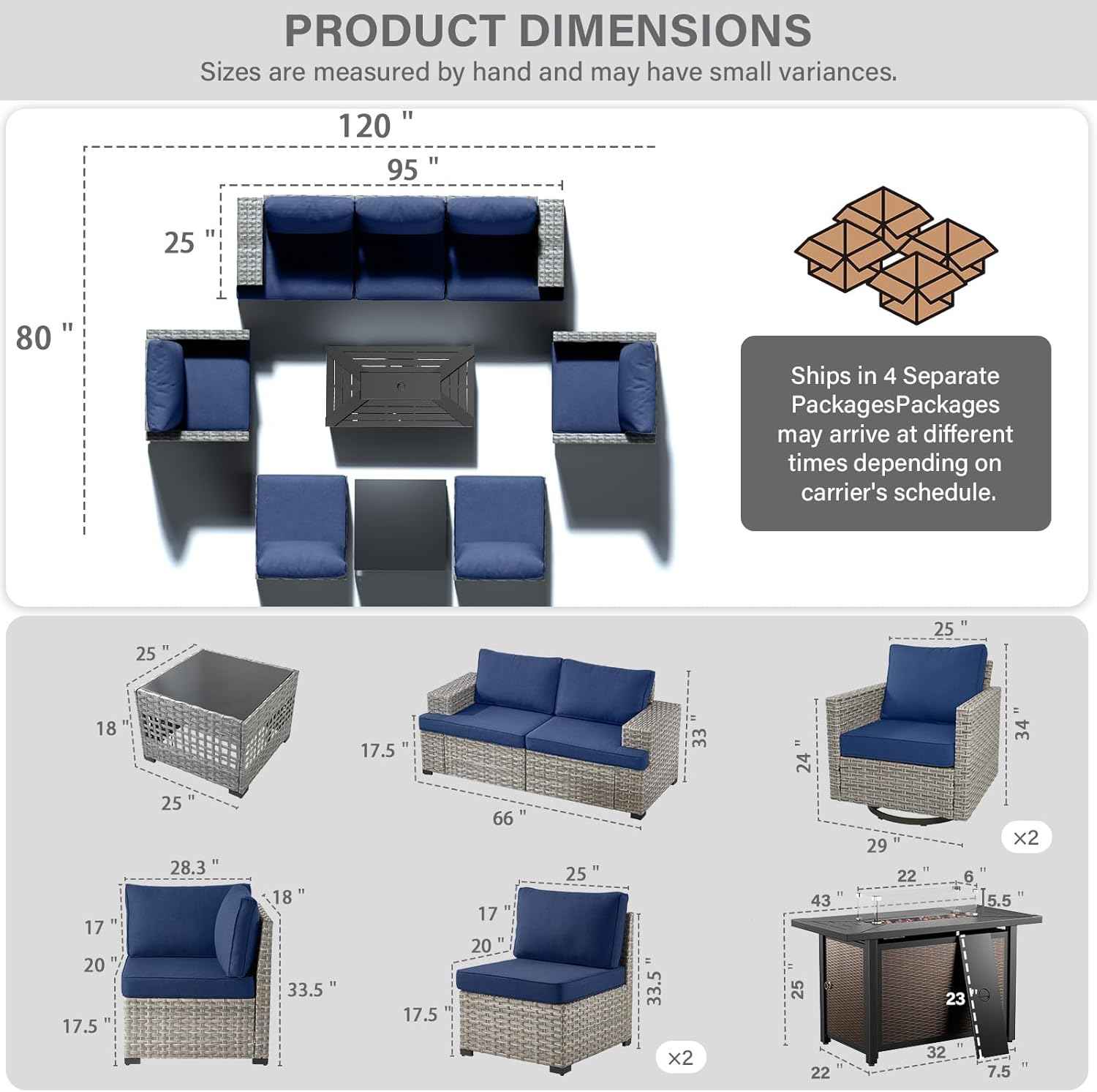 9 Piece Patio Furniture Set with 43-Inch Propane Fire Pit Table, Outdoor Sectional Sofa Set, 5 Seater Modular Wicker Seating with 50000 BTU Fire Table for Deck Backyard Casual Gathering