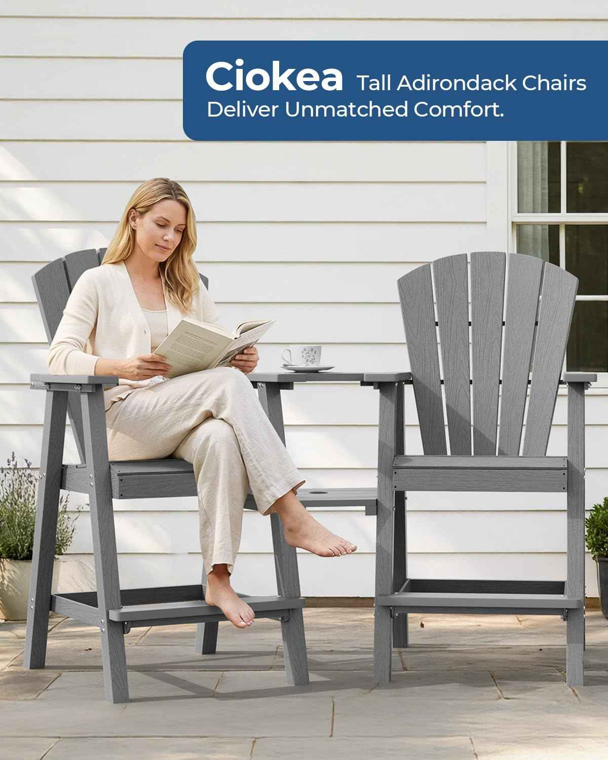 Ciokea Tall Adirondack Chairs Set of 2, HDPE Outdoor Adirondack Bar Stools with Double Connecting Tray, Weather Resistant High Back Adirondack Balcony Chairs for Deck, Lawn, Pool, Backyard, Grey