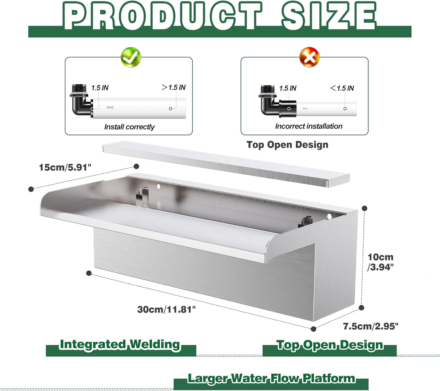 Waterfall Pool Fountain LONGRUNNEW 304 Stainless Steel 11.8" Rectangular Waterfall Spillway, Water Fall Fountain with Pipe Connector for Garden Outdoor, Swimming Pools, Fountains, Pond and Spa