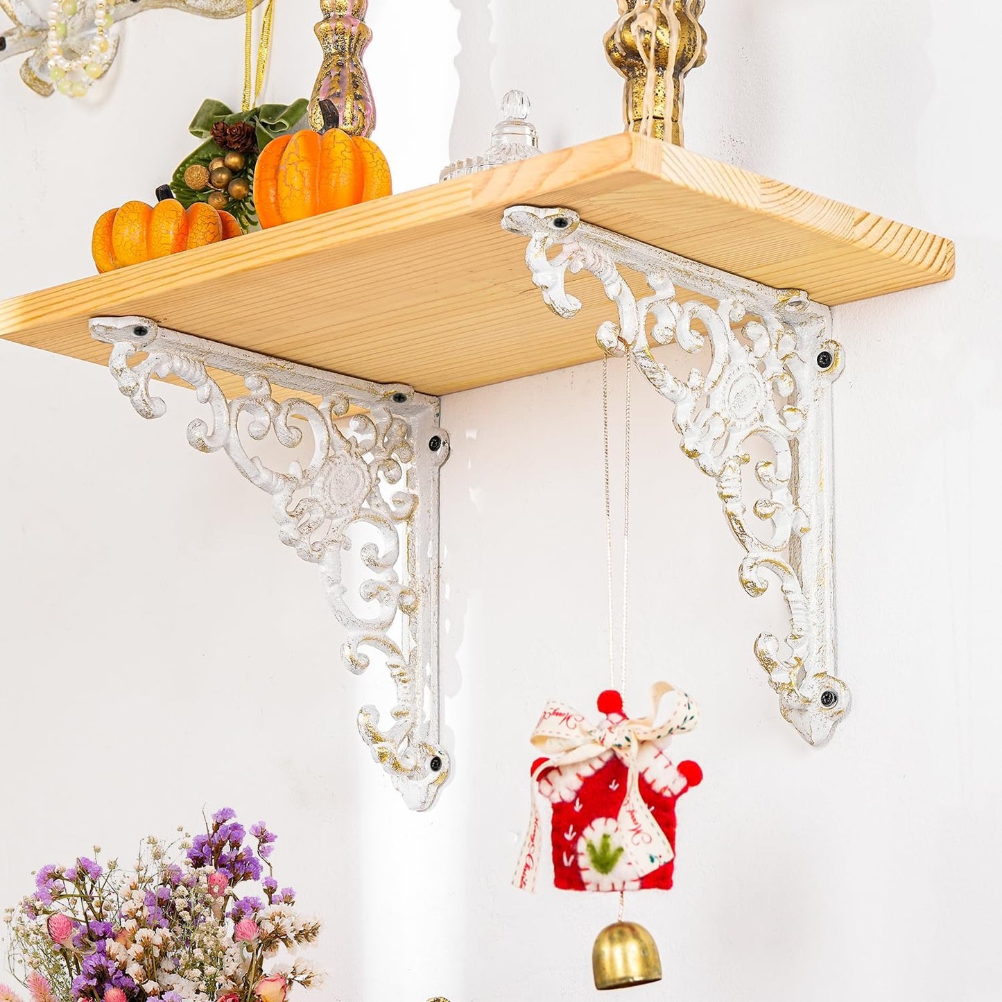 Sungmor Vintage Cast Iron Shelf Brackets - Ornate Decorative Corner Shelf Supports, 2 Pack Garden Wall Hanging Bracket - 7.7 Inch Rustic White Metal Corbels with Scroll Design, Indoor Outdoor Use