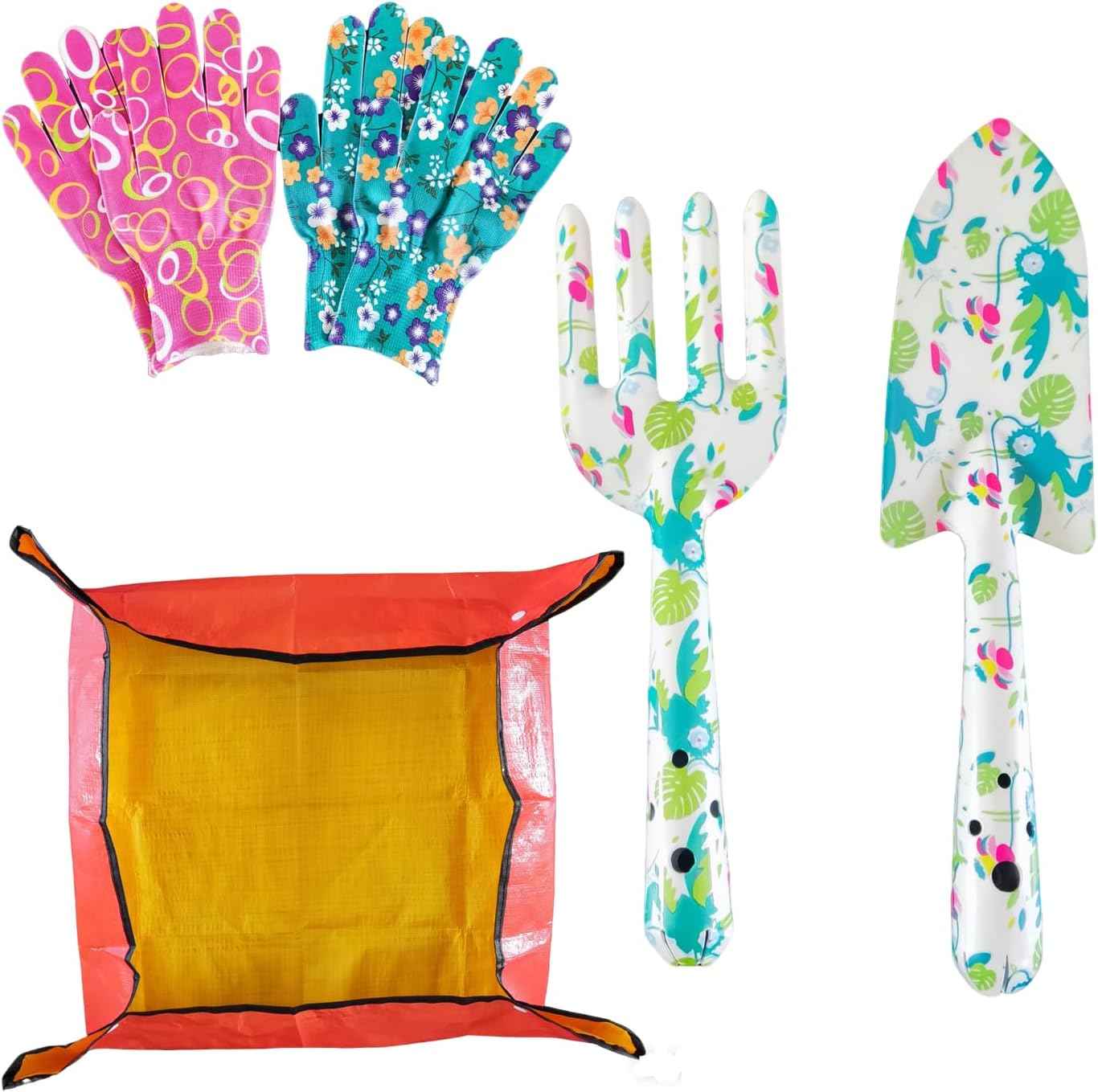 Printed Floral Garden Tool Set,Aluminum Garden Tools Set, Heavy Duty Gardening Tool Kits,4 Pcs Gardening Tools with Trowel, Rake, Garden Gloves&Repotting Mat,Ideal Gift for Women
