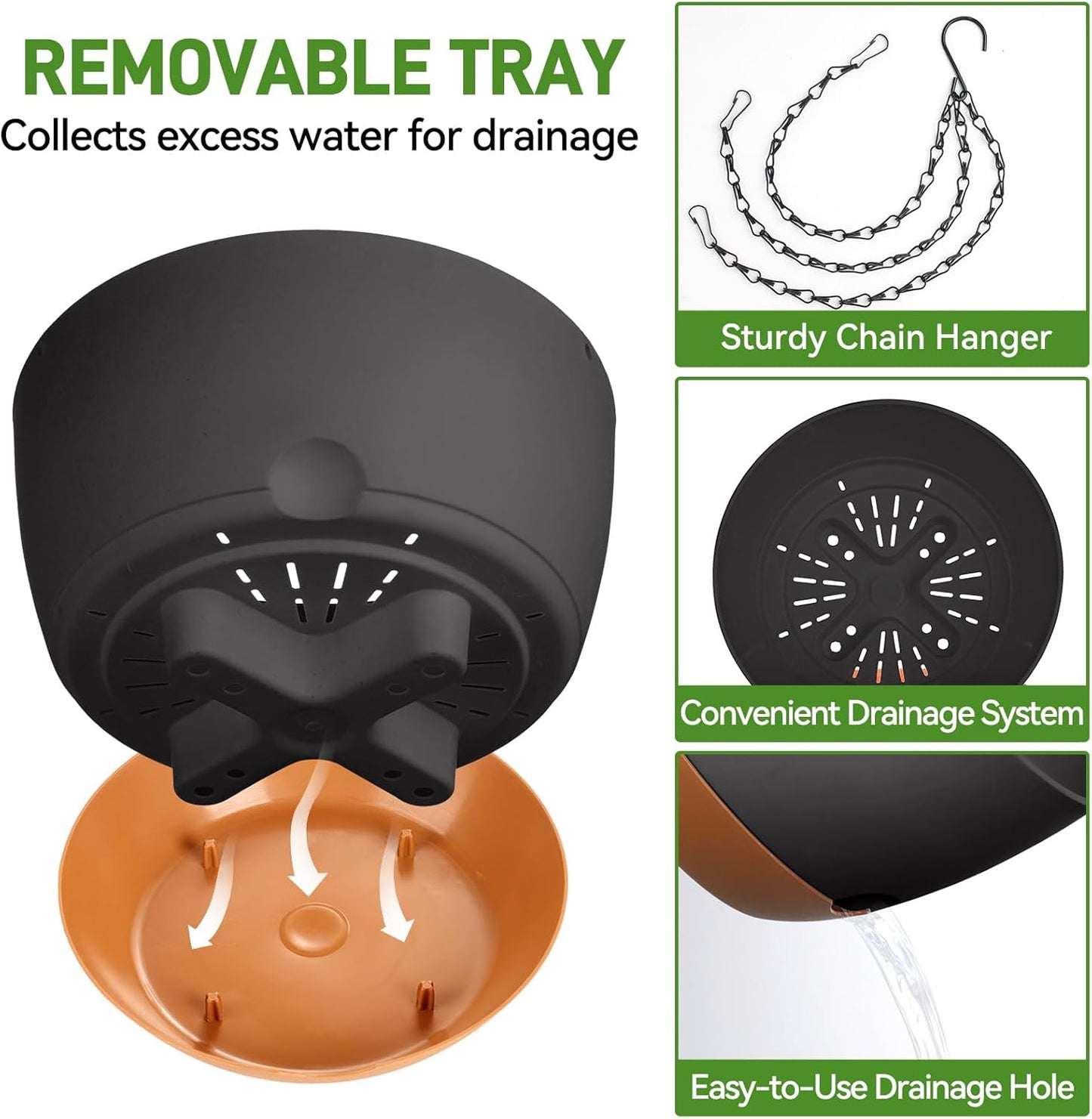 10 Inch Hanging Planters for Indoor & Outdoor Use (2 Pack) - Self-Watering & Drainage Flower Pots with Chain & Macrame Hangers (Deep Gray, 10 in)