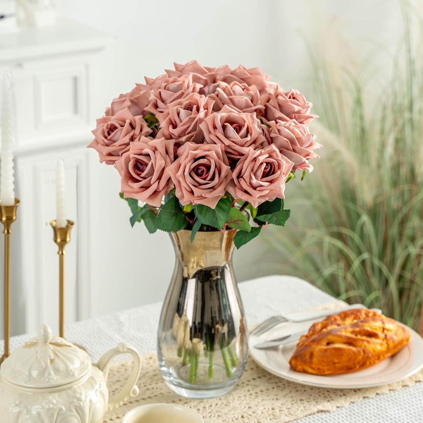 Fake Roses Faux Flowers Silk Roses 16.5in Artificial Roses with Stems Realistic Artificial Flowers Suitable for Indoor Home Decor DIY Bouquet Wedding Decor Party Decor (Pink Purple,12PCS)