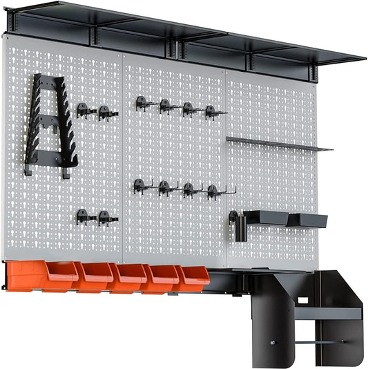 TORACK Pegboard Wall Organizer 4 ft. Garage Metal Pegboard Tool Organizer System, Tools Storage Peg Board Kit with Hooks and Accessories, Wall Mounted Storage Bins, Overhead Shelves