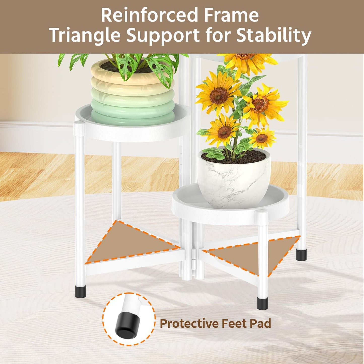 LASZOLA 4 Tiered Folding Plant Stand Indoor for Multiple Large Planter, Tall Heavy Duty Adjustable Rack with Rust Proof Plastic Shelving, Sturdy Vertical Tree Organizer for Narrow Inside Floor, White