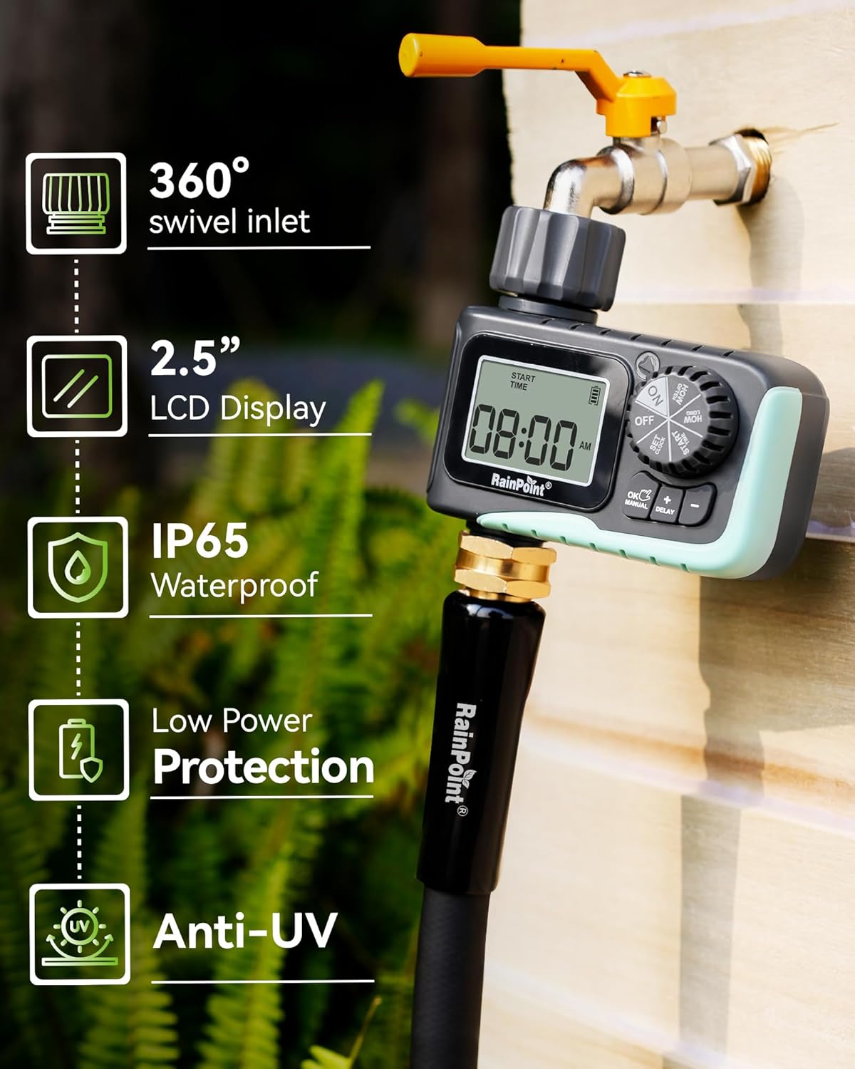 RAINPOINT Sprinkler Timer, Programmable Water Timer for Garden Hose, Outdoor Soaker Hose Timed with Rain Delay/Manual/Automatic Watering System, Digital Irrigation for Yard, Lawn, 1 Outlet