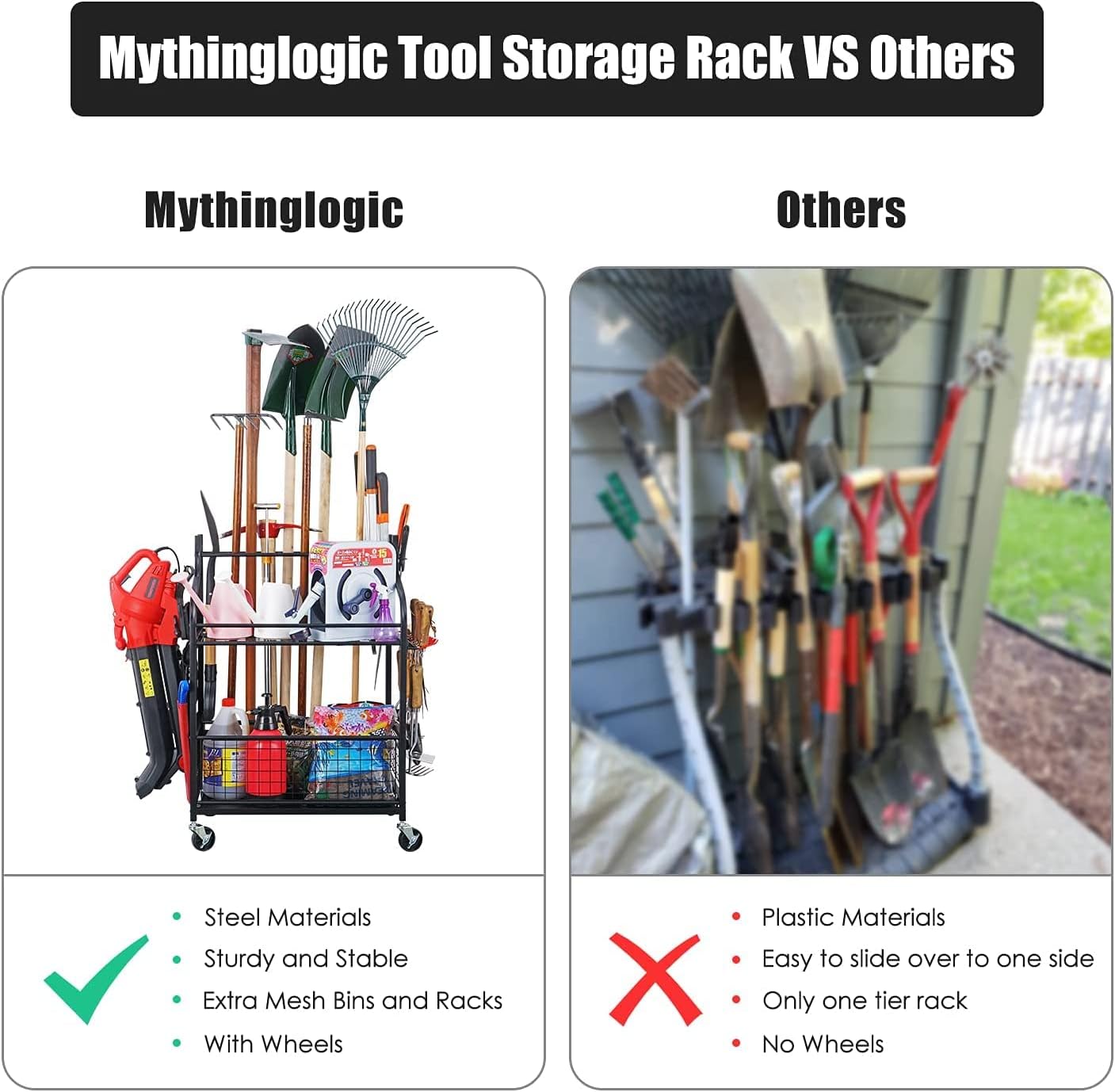 Mythinglogic Garden Tool Organizer for Garage, Yard Tool Rack with Wheels, Garage Organizers and Storage Holder for Yard Tools (Deluxe Tower)