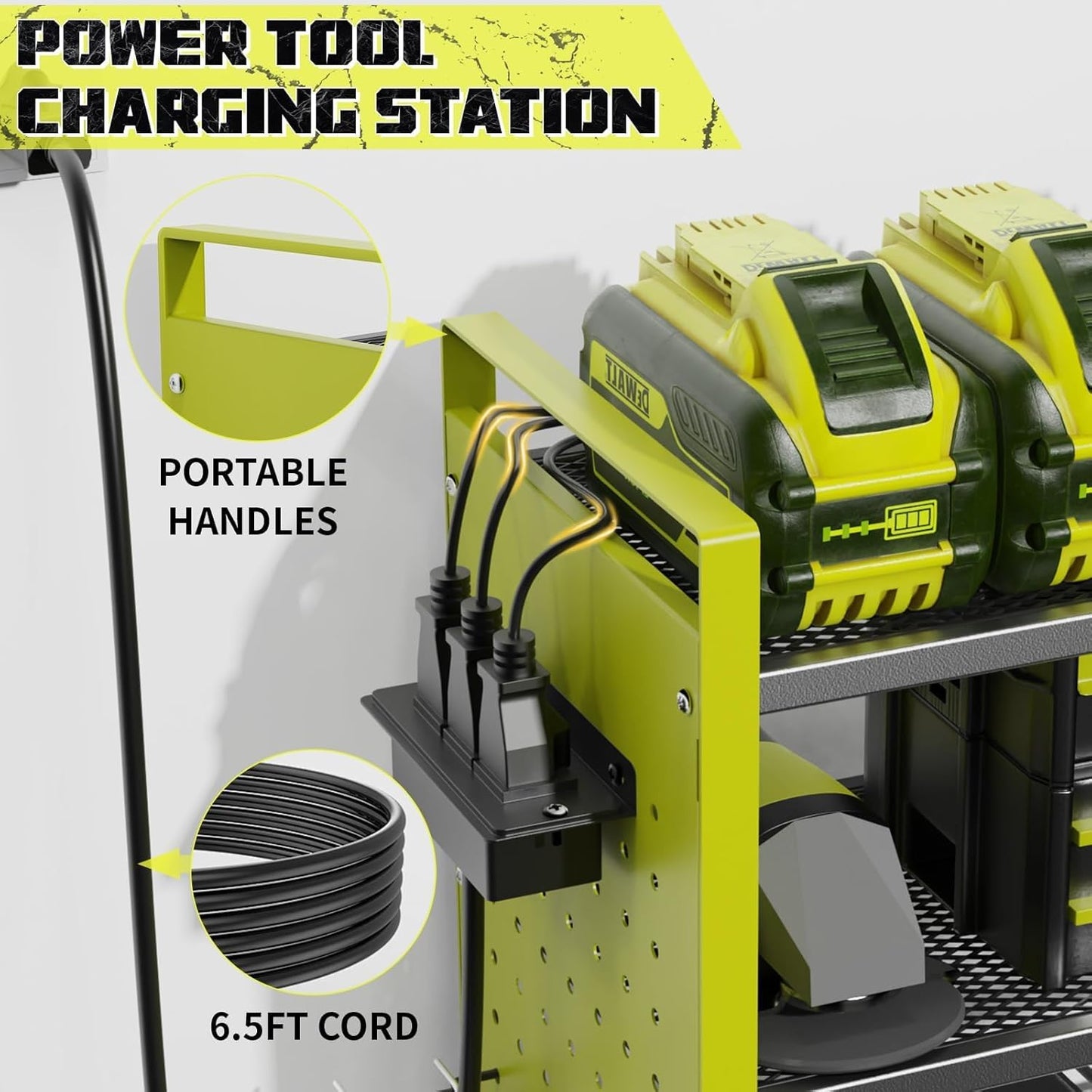 Power Tool Organizer with Charging Station Wall Mount, 3 Layer Expanded Heavy Duty Garage Organization, 48.8 Inch Length Garage Tool Storage, 4 Drill Slot, 16" Standard Hole, Green