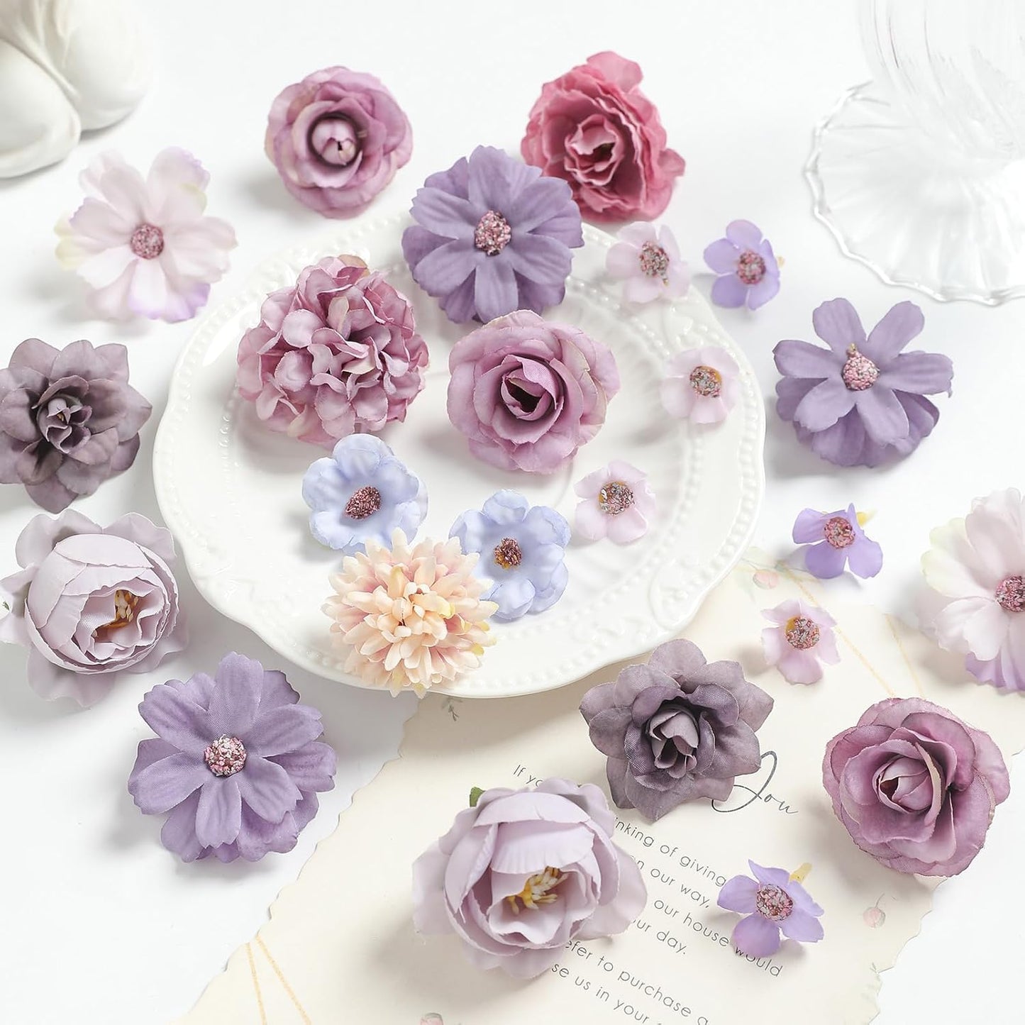 Faux Flower Heads Small Silk Artificial Flower DIY Fake Mini Flowers Rose Daisy Multicolor Flowers Craft Supplies for Wedding Party Wreath Graduation Season Party Home Decor (45, Purple)