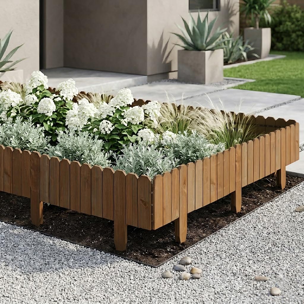 47" L x 8" H Wooden Garden Fence, 1 Pack Short Wood Garden Edging Border for Flower Bed Outdoor, Decorative Landscape Picket Fence for Tree, Flexible Yard Barrier for Lawn Path, Charred Brown