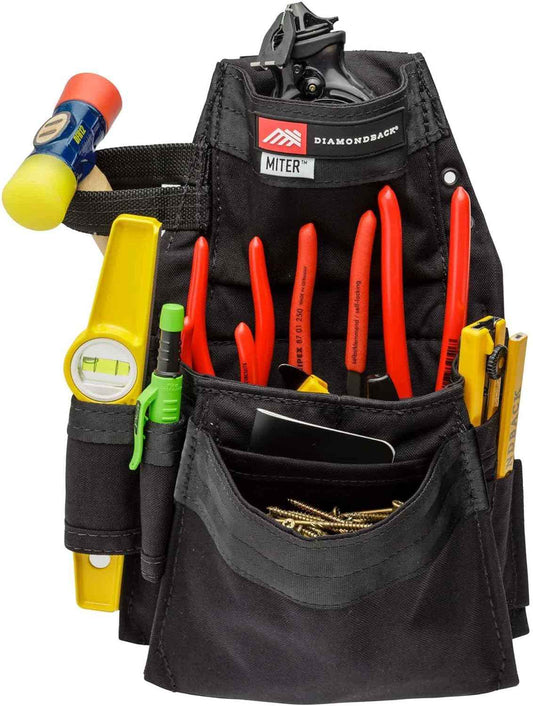 The Diamondback Miter Tool Pouch - Clip-On Tool Belt Pouch with 3 Pockets, 7 Slots, & 3 Loops- Lightweight Belt - Durable Tool Pouch with Belt Clip 15.25"x10.25", 1 lb (Black)
