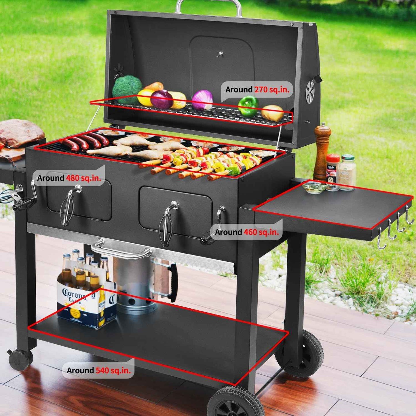 Kenadne Charcoal Grill Outdoor BBQ Grill, Extra Large Cooking Area 794 Square Inches with Two Adjustable & Individual Charcoal Tray, Foldable Side Tables for Outdoor Cooking grill Backyard