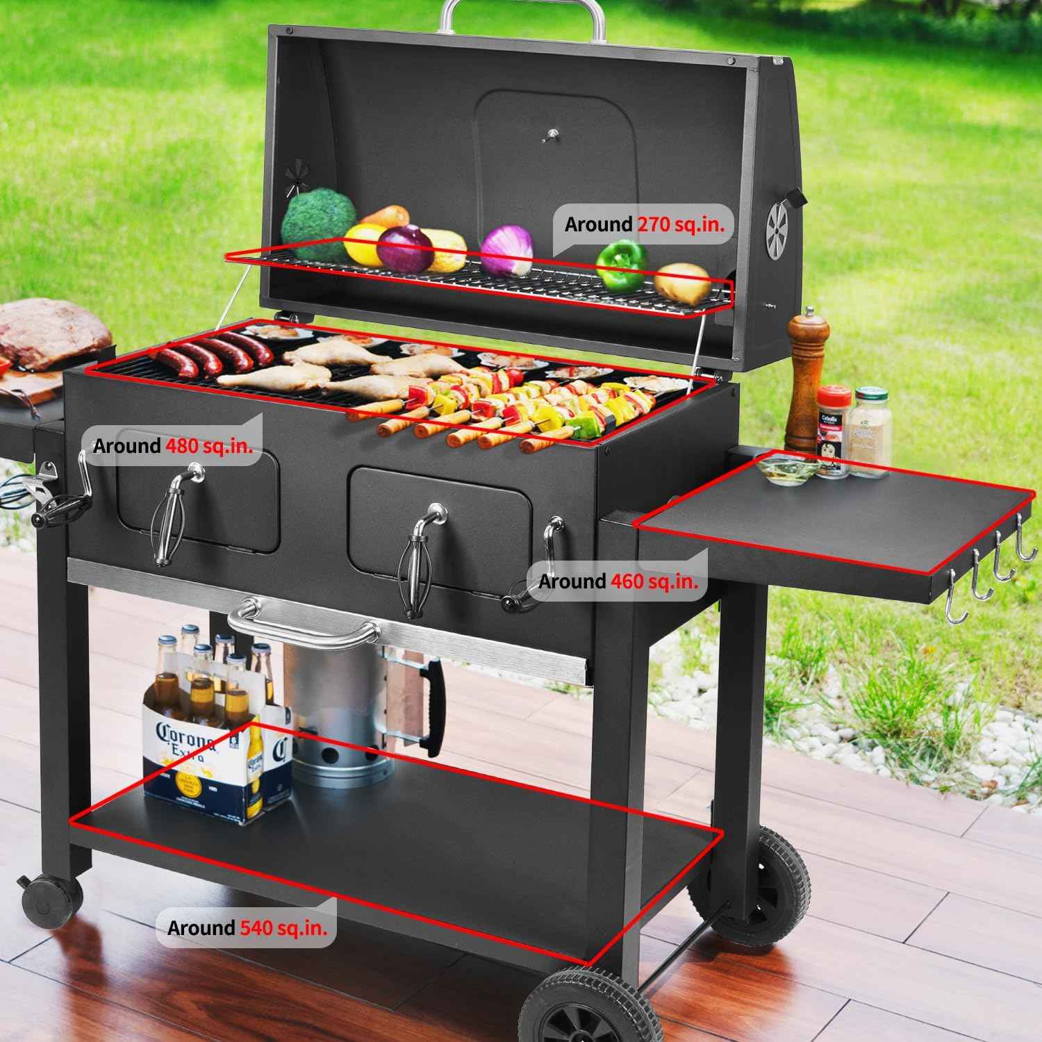 Kenadne Charcoal Grill Outdoor BBQ Grill, Extra Large Cooking Area 794 Square Inches with Two Adjustable & Individual Charcoal Tray, Foldable Side Tables for Outdoor Cooking grill Backyard