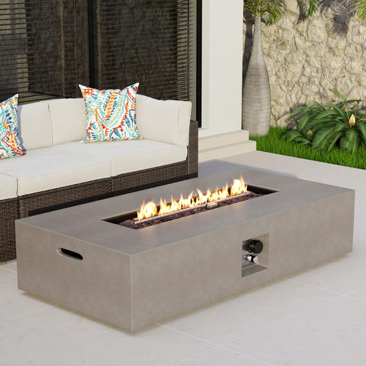 COSIEST 56-inch x 28-inch Outdoor Propane Fire Pit Coffee Table w Concrete Rectangle Base, CSA Certified, 50,000 BTU, Free Lava Rocks and RainCover, Fits 20lb Tank Outside(Gray)